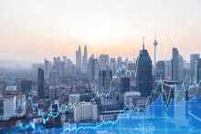 Glowing FOREX Graph Hologram, Aerial Panoramic Cityscape Of Kuala Lumpur At Sunset. Stock And Bond Trading In KL, Malaysia, Asia. The Concept Of Fund Management. Double Exposure.