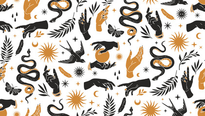 Wall Mural - boho mystical seamless pattern with hands, snakes, moon, sun, bird, moth and floral elements in tren