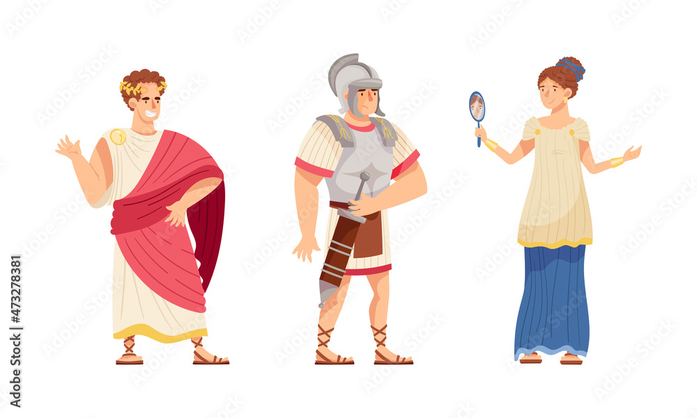 Ancient roman people set. Empire, soldier and woman in traditional ...