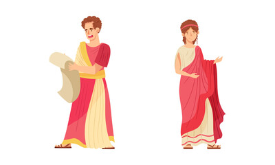 Wall Mural - Ancient roman people set. Man and woman Roman patricians in traditional clothes cartoon vector illustration