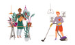 © Happypictures - People staying or spending weekend at home set. Men caring for plants and vacuuming the floor vector illustration