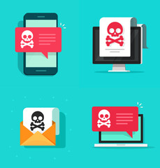 Poster - Malware virus ransomware attack warning alert online on mobile cell phone vector or spyware email fraudulent caution on computer screen as internet security threat vector flat cartoon illustration