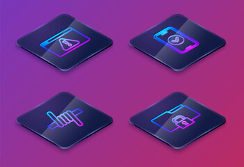 Sticker - Set Isometric line Browser with exclamation mark, Barbed wire, Smartphone and Folder and lock. Blue square button. Vector