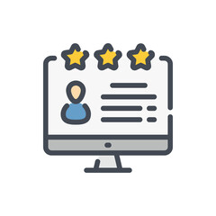 Poster - Online feedback and Customer satisfaction color line icon. Computer with person and stars vector outline colorful sign.