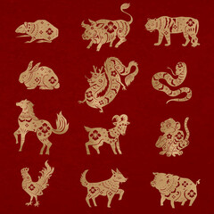 Canvas Print - Chinese New Year animals vector gold animal zodiac sign stickers set