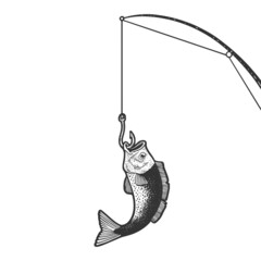 fish caught on fishing rod sketch raster