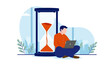 Computer work deadline - Man sitting with laptop in front of hourglass working while time is running out. Vector illustration with white background