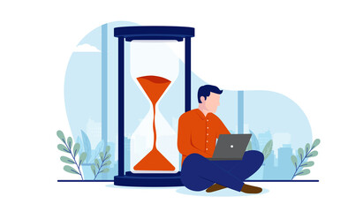 Poster - computer work deadline - man sitting with laptop in front of hourglass working while time is running