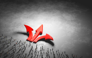 Wall Mural - people make decision and choose. red arrows pointing