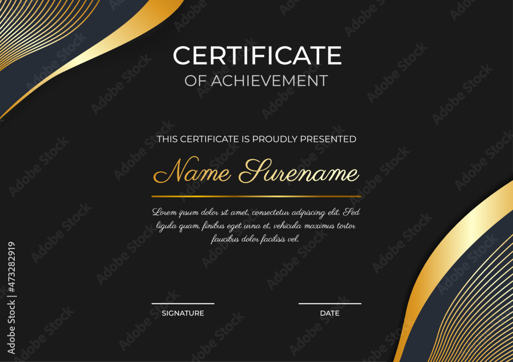 Certificate of Achievement Template, Black and Gold Color. With Premium ...