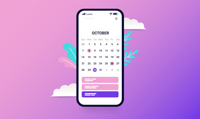 Fototapete - Phone with calendar - Vector illustration of smartphone with calendar app design.