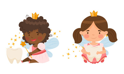 Poster - Little Tooth Fairy set. Lovely girls with wings wearing golden crowns with baby teeth cartoon vector illustration