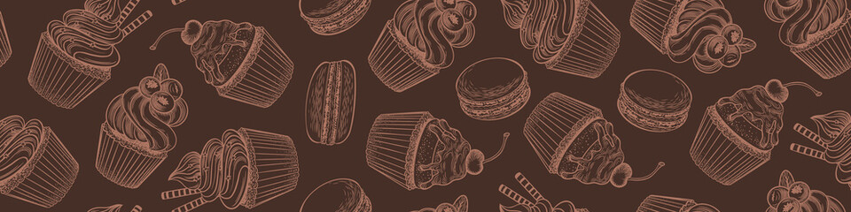 Wall Mural - Seamless pattern with sketchy desserts on brown background. Doodle cakes and macaroons horizontal border. Vector illustration.