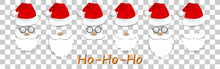 Santa Claus Face.Set Of Realistic Santa Claus Icon.Happy New Year And Marry Cristmas Concept. Santa Hat,beard,moustache,glasses Template . Santa Character.Christmas Elements.Vector On Transparent.