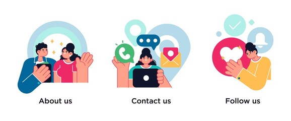 Fototapete - Customer loyalty and technical support web icons set. Clients hotline. Website information. About us, contact us, follow us metaphors.