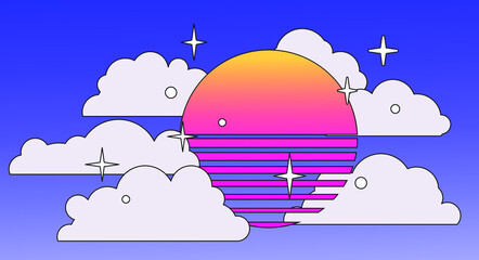 Aufkleber - Retrowave style sunset scene. Vector illustration.