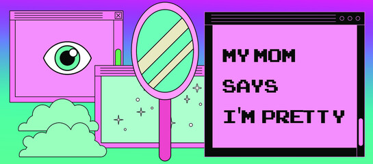 Aufkleber - Composition of user interface elements, retro operating system with message boxes and folders. Cute kawaii vaporwave style vector illustration.