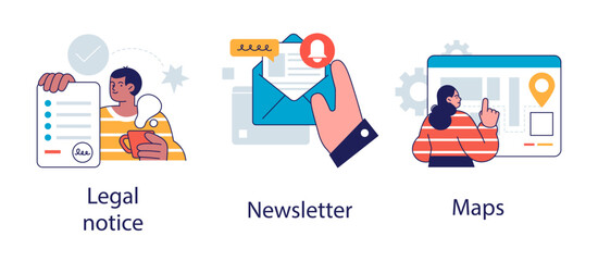 Poster - Company website menu abstract concept vector illustrations. Legal notice, newsletter, maps