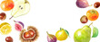 秋冬のフルーツのイラスト。装飾フレーム背景。栗、柿、イチジク、洋梨、柚子。模様。