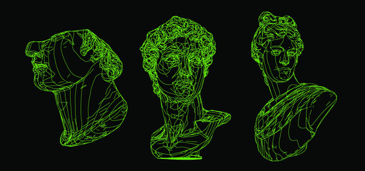 Poster - Set of 3D models of gypsum heads. Cyberpunk sci-fi style vector illustration.