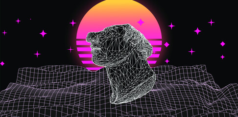 Poster - 3D model of a Fragmentary colossal head of a youth sculpture in cyberpunk retrowave style. Bust made of polygonal particles. Vector illustration.
