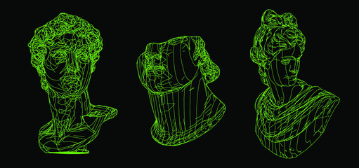 Set of 3D models of gypsum heads. Cyberpunk sci-fi style vector illustration.