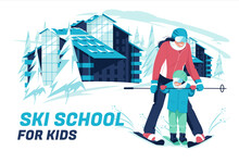 Ski School Concept. A Woman Learns To Ski To A Child Against A Winter Background Of A Mountain Landscape And A Hotel. Vector Flat Cartoon Illustration.