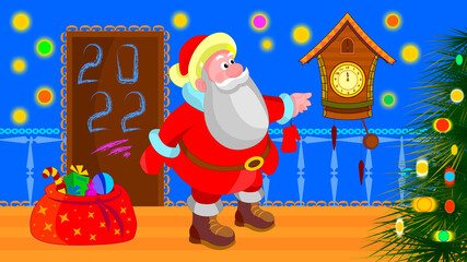 Wall Mural - Graphic image of a cheerful Santa Claus on a blue background.