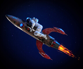 Wall Mural - astronaut sitting on a flying missile, 3d illustration.