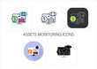 Assets monitoring icons set.Monitoring accounts. Logs information about tangible assets on laptop.Business concept.Collection of icons in linear, filled, color styles.Isolated vector illustrations 