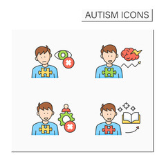  Autism spectrum disorder color icons set.Inappropriate social interaction, eye contact avoidance, intense focus on one topic.Neurodevelopmental disorder concept. Isolated vector illustrations