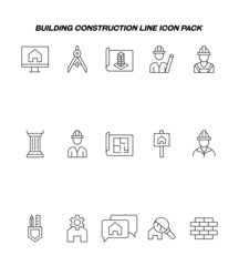 Industry concept. Collection of modern high quality building construction line icons. Editable stroke. Premiul linear symbols of compass, builder, construction worker, brick wall, distressed house