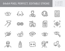 Ophthalmology Line Icons. Vector Illustration Include Icon - Contact Lens, Eyeball, Glasses, Blindness, Eye Check, Outline Pictogram For Optometrist Equipment. 64x64 Pixel Perfect, Editable Stroke