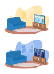 Poster - Cozy living room decor 2D vector isolated illustration set. Flat screen TV and blue couch flat objects on cartoon background. Place for family bonding activity colourful scenes collection