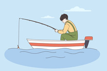 Fishing And Summer Leisure Activities Concept. Young Man Or Boy Sitting In Boat Waiting Fishing Outdoors In Still Waters Vector Illustration 