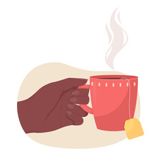 Poster - Holding cup of hot tea 2D vector isolated illustration. Aromatic beverage. Taking red mug with tea tug flat first view hand on cartoon background. Warm drink for cold weather colourful scene