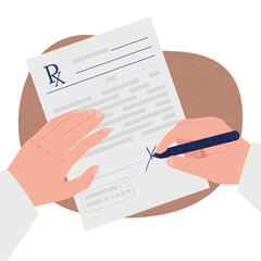 Poster - Putting signature on contract flat color vector illustration. Hand writing on license sheet. Writing on official legal documents 2D cartoon first view hand with abstract background