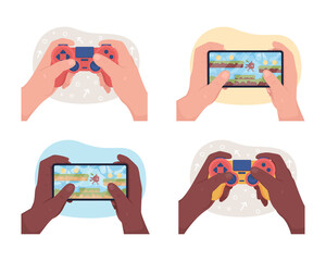 Poster - Gamification flat color vector illustration set. Holding mobile phone. Gamepad in arms. Playing games for entertainment 2D cartoon first view hand with abstract background collection