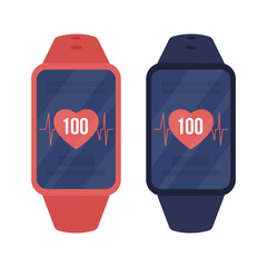 Fototapete - Smartwatch with fintess tracker semi flat color vector object set. Full realistic item on white. Monitoring heart rate isolated modern cartoon style illustration for graphic design and animation pack