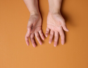 Wall Mural - two female hands on a brown background. Empty palms open, top view