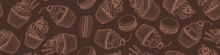 Seamless Pattern With Sketchy Desserts On Brown Background. Doodle Cakes And Macaroons Horizontal Border. Vector Illustration.