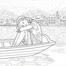 A Girl In A Boat Sits Against The Background Of The River, Houses And Mountains. Coloring Book Antistress For Children And Adults. Illustration Isolated On White Background.Zen-tangle Style. Hand Draw