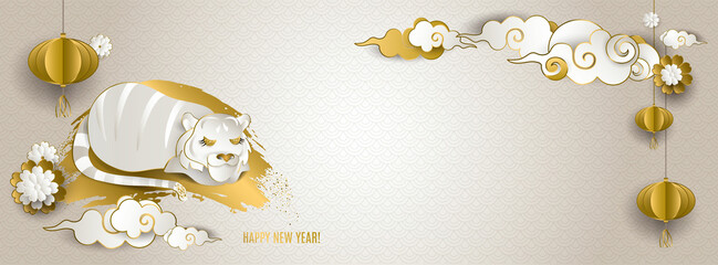 Wall Mural - Happy Chinese New Year 2022 of tiger. Banner: white tiger, clouds, lantern, flowers on light background. For cover social network, card, poster, invitation. Paper style panorama. Vector illustration