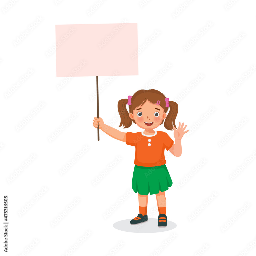 Cute little girl holding empty banner or sign board with blank copy ...