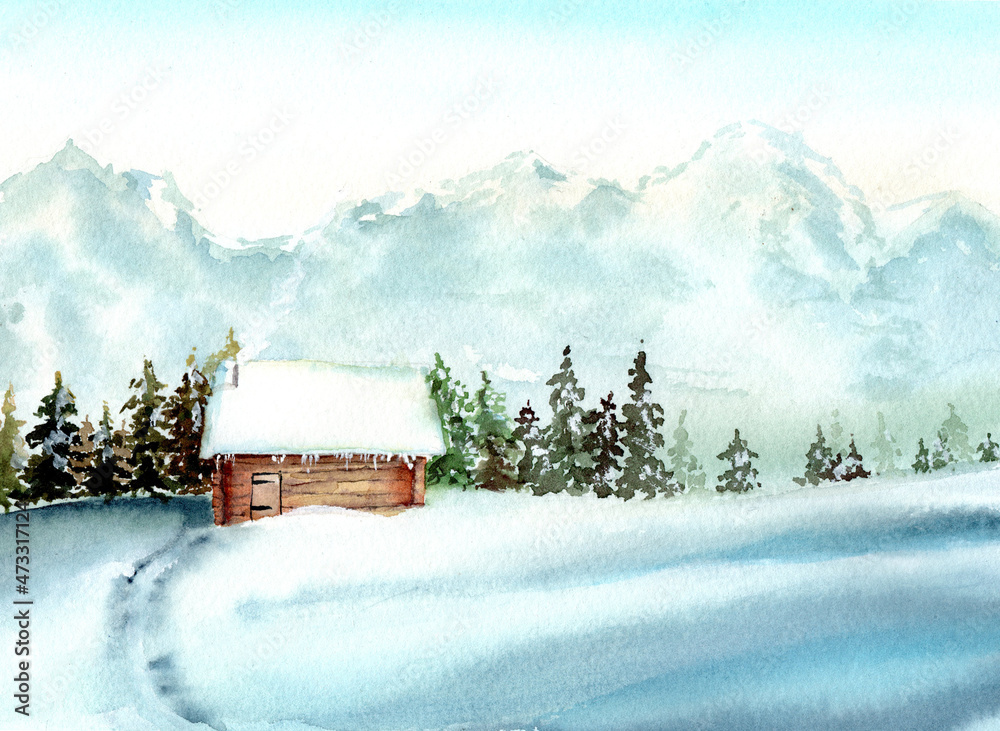 Watercolor illustration of wooden hut covered with snow near the fir ...