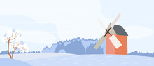 Winter Landscape With A Village Mill, Flat Cartoon Vector. Rural Landscape With Trees, Meadows And Snow Fields.