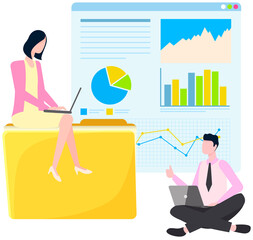 Poster - working man and woman vector, business plan and strategy. people with laptops analyze business data,