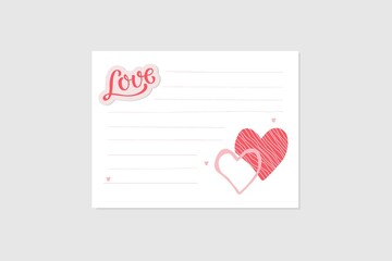 Wall Mural - Love letter. Love handwritten lettering sticker, two hearts, lines to writing. Note or notebook page template. Write Template. Flat vector isolated. Romantic surprise for Valentine's Day, birthday.