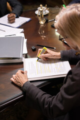 Aufkleber - Contemporary mature businesswoman or lawyer highlighting terms and conditions of new contract by workplace