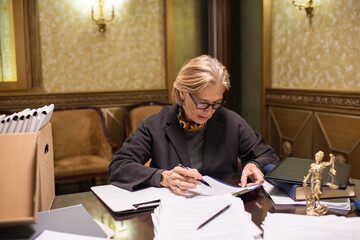 Aufkleber - Serious female lawyer looking through papers while checking information before signing and stamping documents